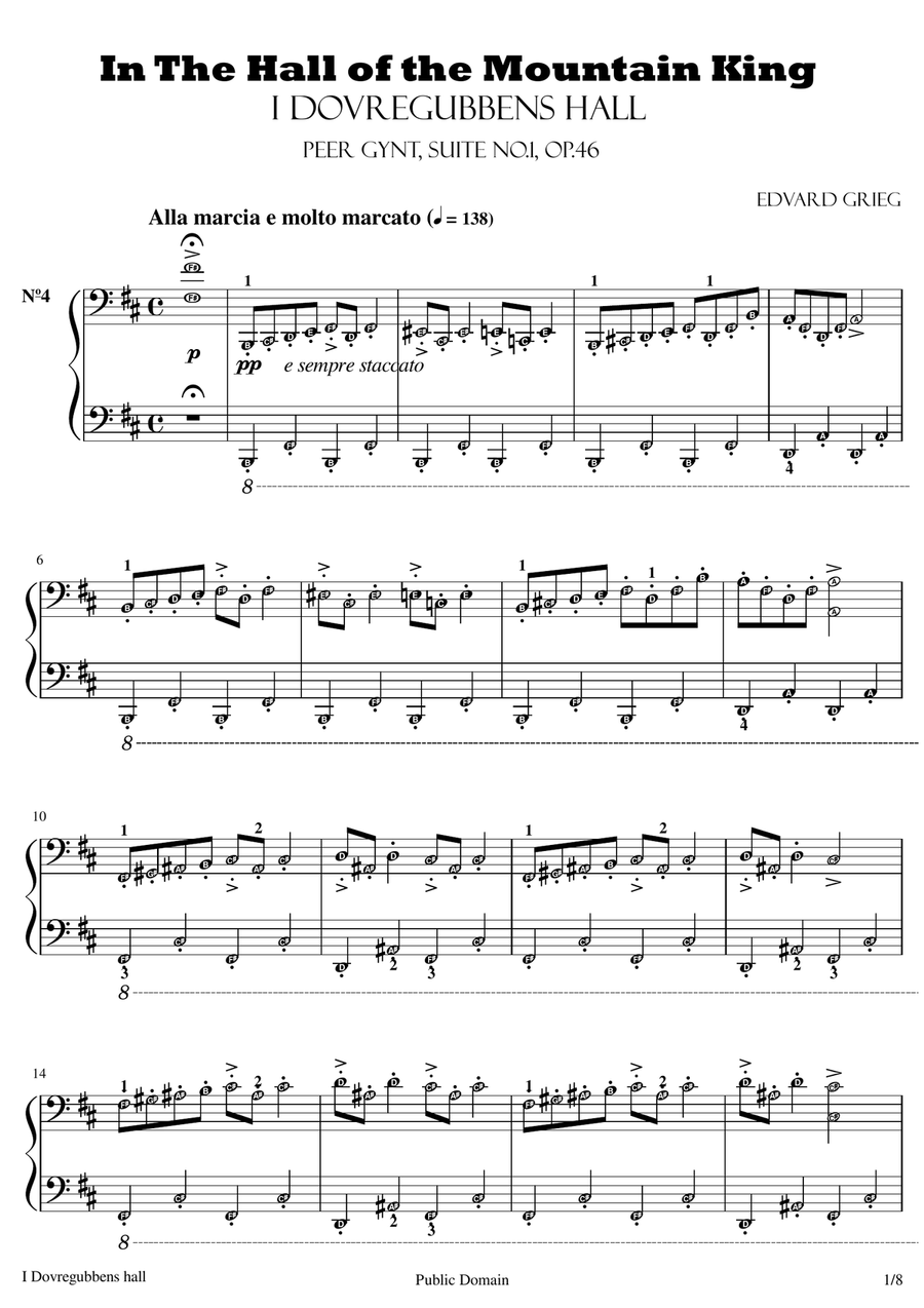 In The Hall of the Mountain King (Edward Grieg) original score with note names Grade 8 Piano, Vocal scores gallery preview page 1