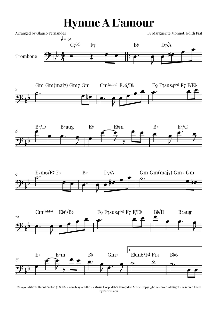 Hymne A L'amour Trombone Solo scores gallery preview page 1