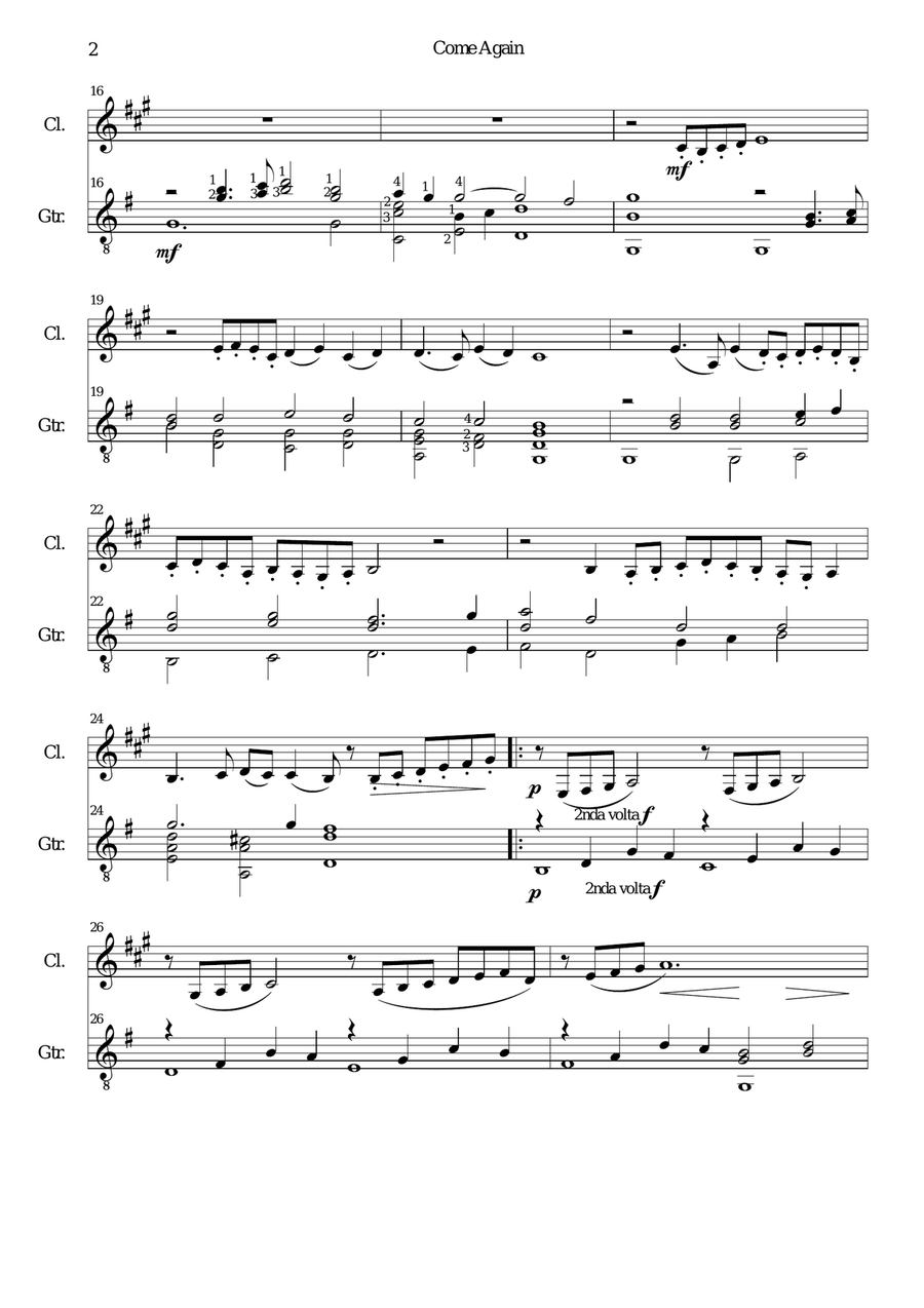 Come again for clarinet and guitar Clarinet scores gallery preview page 2