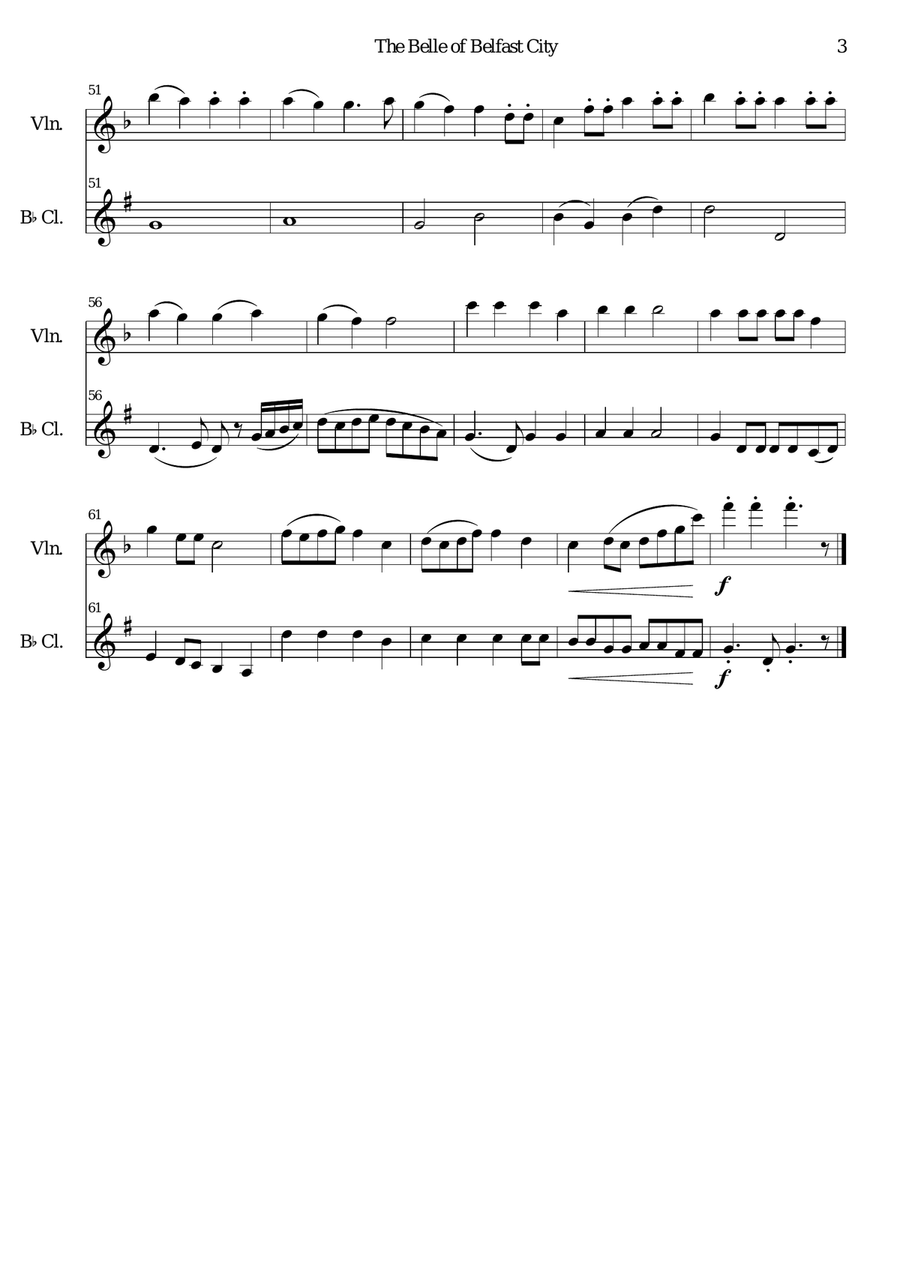 Belle of Belfast City (I'll tell my ma) for violin and clarinet Clarinet scores gallery preview page 3