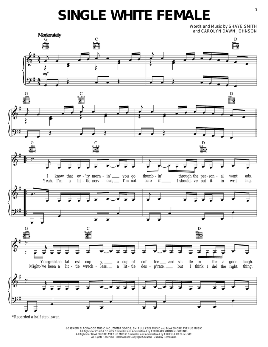 Single White Female Single White Female Piano, Vocal, Guitar scores gallery preview page 1