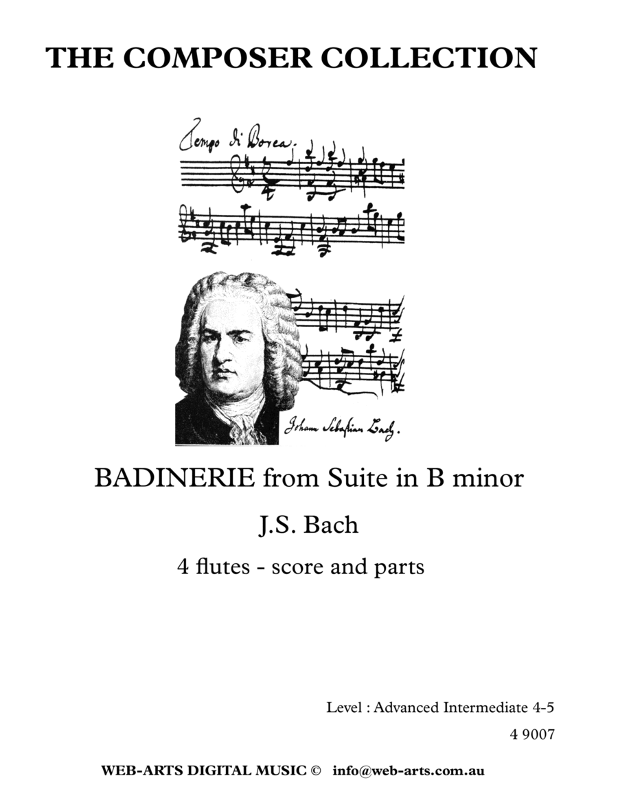 BADINERIE from Suite in B minor for 4 flutes (4 9007) - BACH + Flute Quartet scores gallery preview page 1
