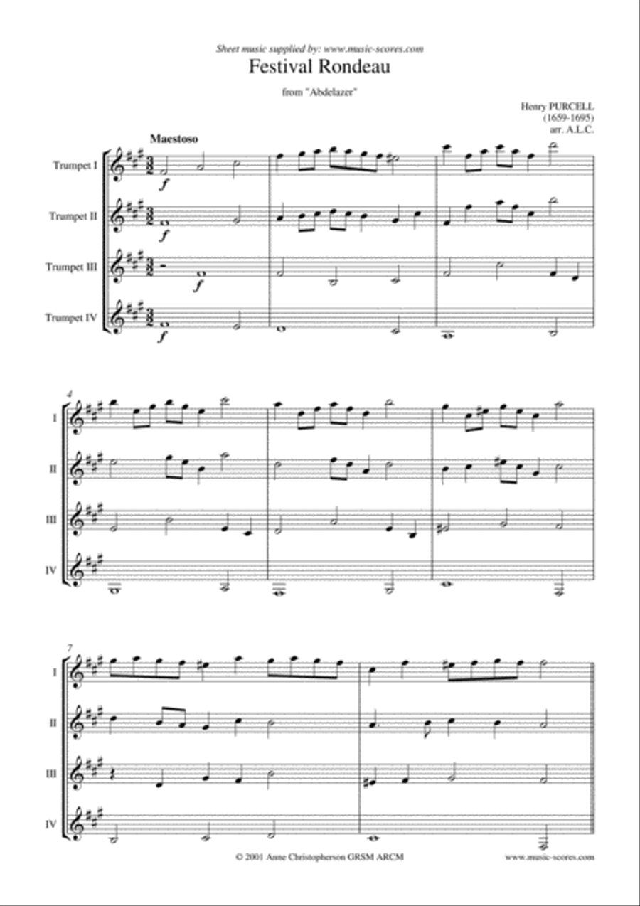 Festival Rondeau from Abdelazer - Trumpet Quartet Trumpet Solo scores gallery preview page 1