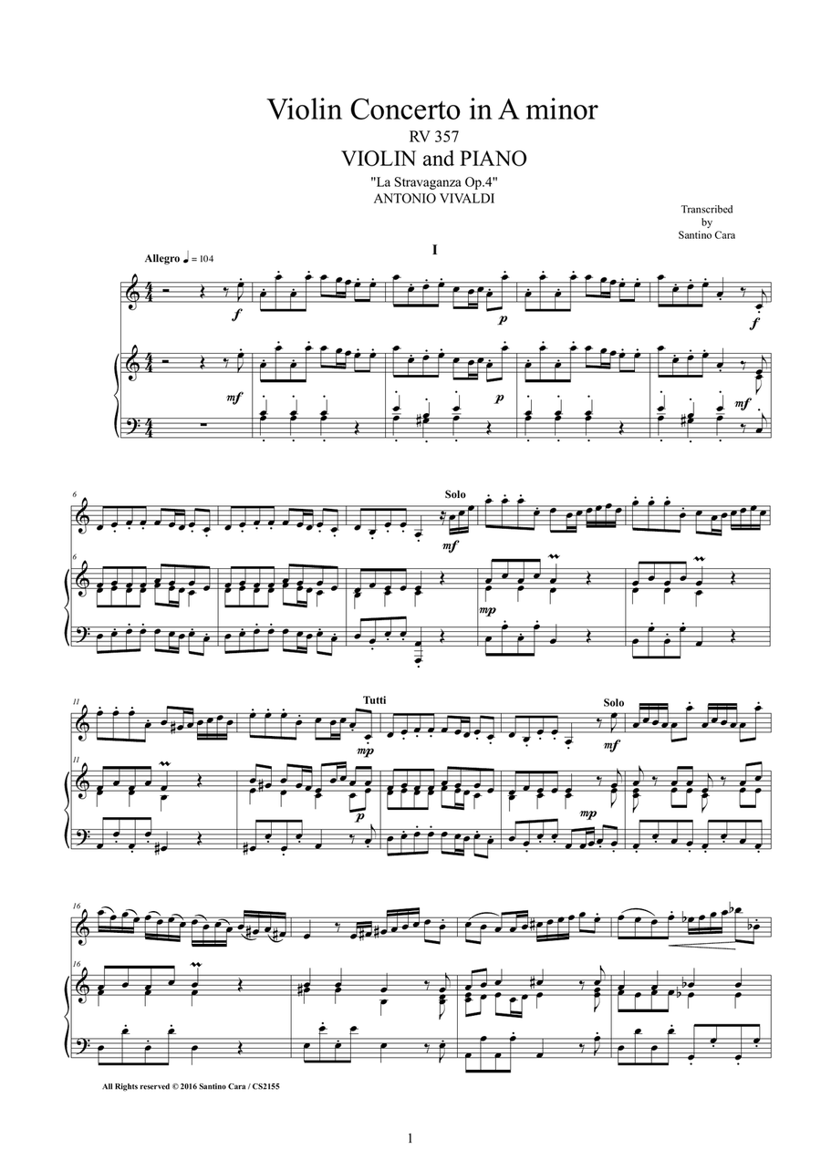 Vivaldi - Violin Concerto in A minor RV 357 Op.4 No.4 for Violin and Piano Violin Solo scores gallery preview page 1