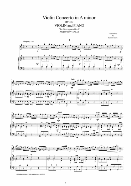 Vivaldi - Violin Concerto in A minor RV 357 Op.4 No.4 for Violin and Piano image number null