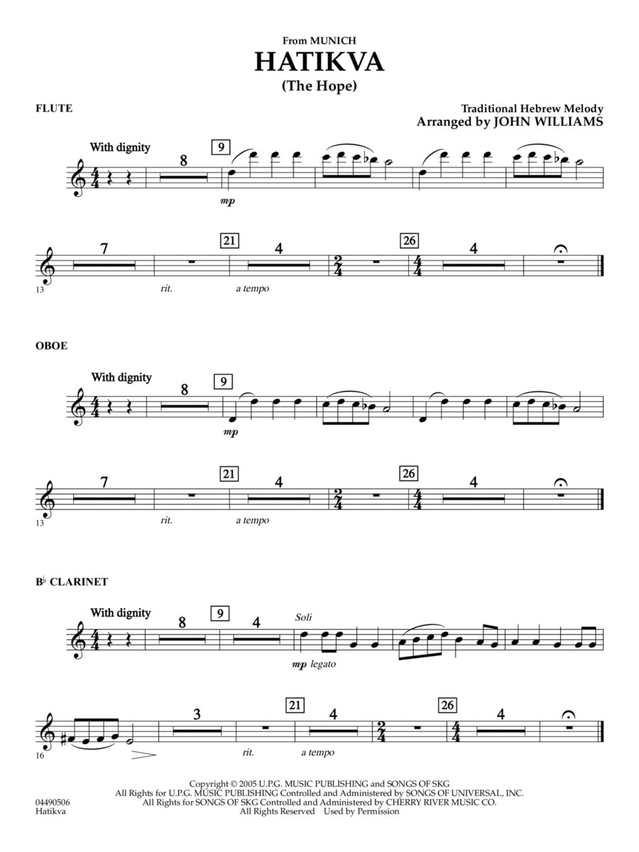 Hatikva (from Munich) (arr. John Williams) - Flute/Oboe/Bb Clarinet (Opt.)