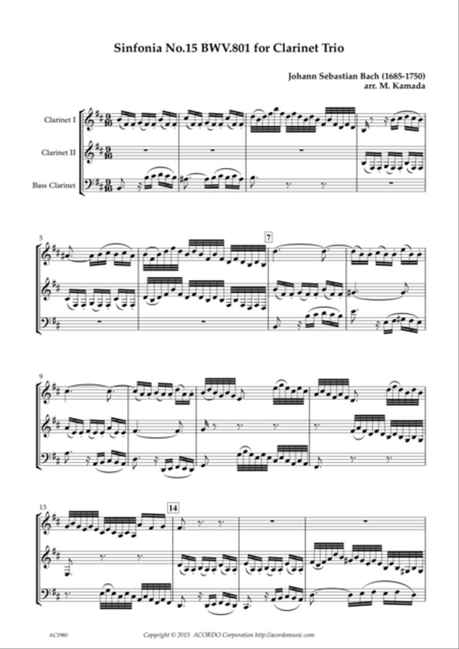 Sinfonia No.15 BWV.801 for Clarinet Trio Clarinet Trio scores gallery preview page 1