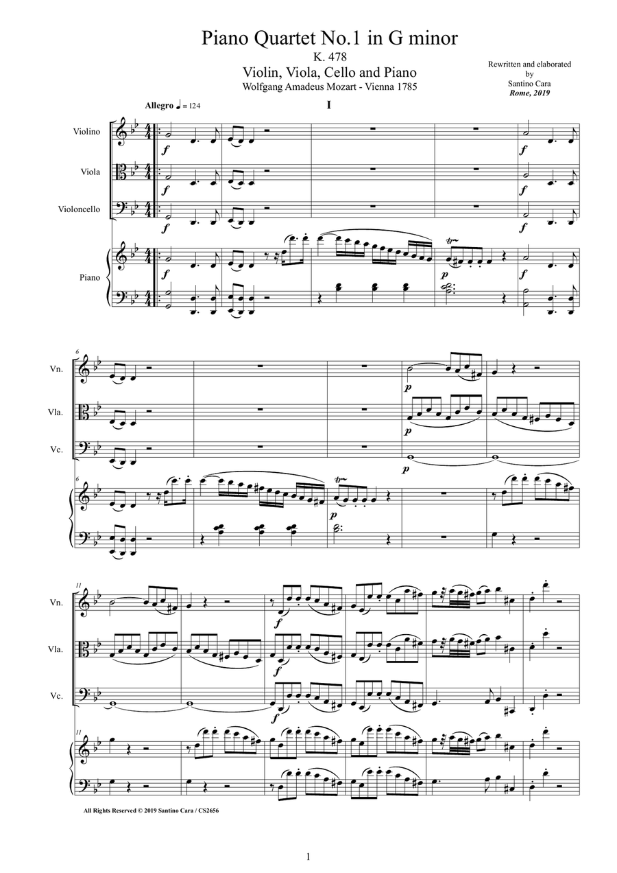Mozart - Piano Quartet No.1 in G minor K 478 for Violin,Viola, Cello and Piano - Score and Parts Piano Quartet scores gallery preview page 1