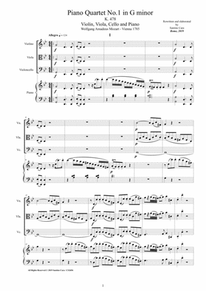 Book cover for Mozart - Piano Quartet No.1 in G minor K 478 for Violin,Viola, Cello and Piano - Score and Parts
