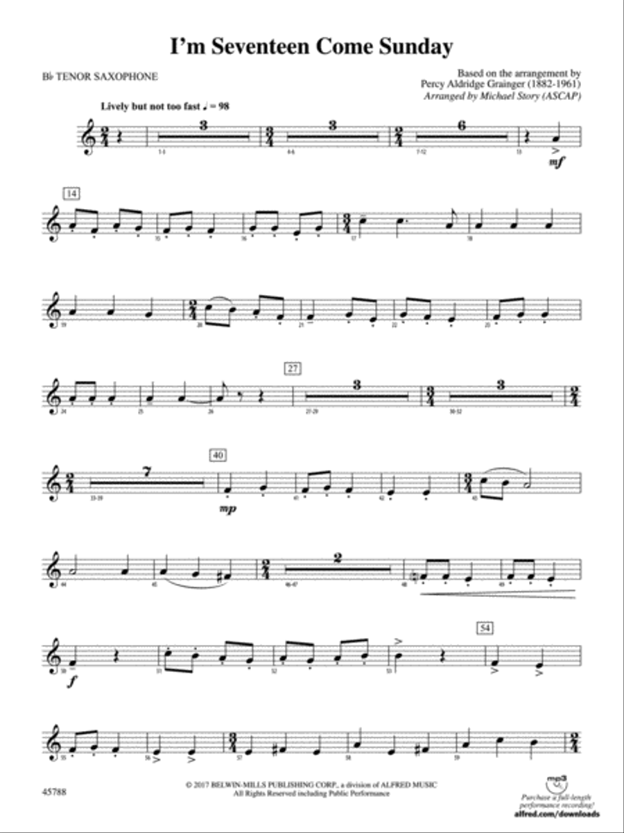 I'm Seventeen Come Sunday: B-flat Tenor Saxophone Concert Band scores gallery preview page 1