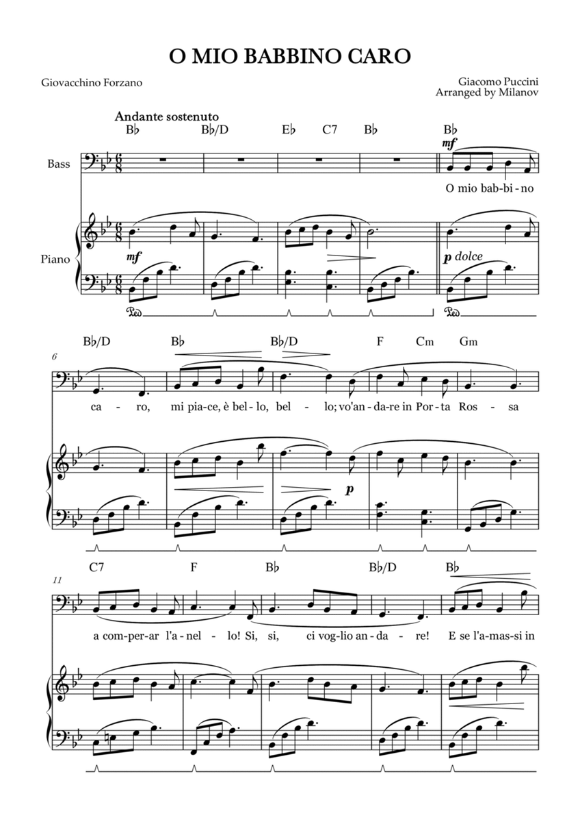 O Mio Babbino Caro | Male Voice Bass | B-flat Major | Piano accompaniment | Pedal | Chords image number null