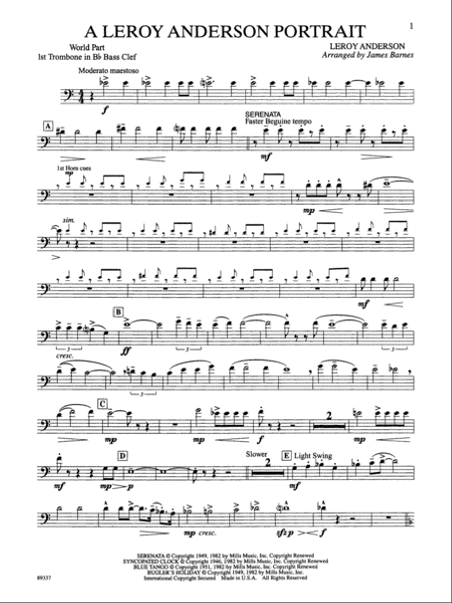 Leroy Anderson Portrait: WP 1st B-flat Trombone B.C. Concert Band scores gallery preview page 1