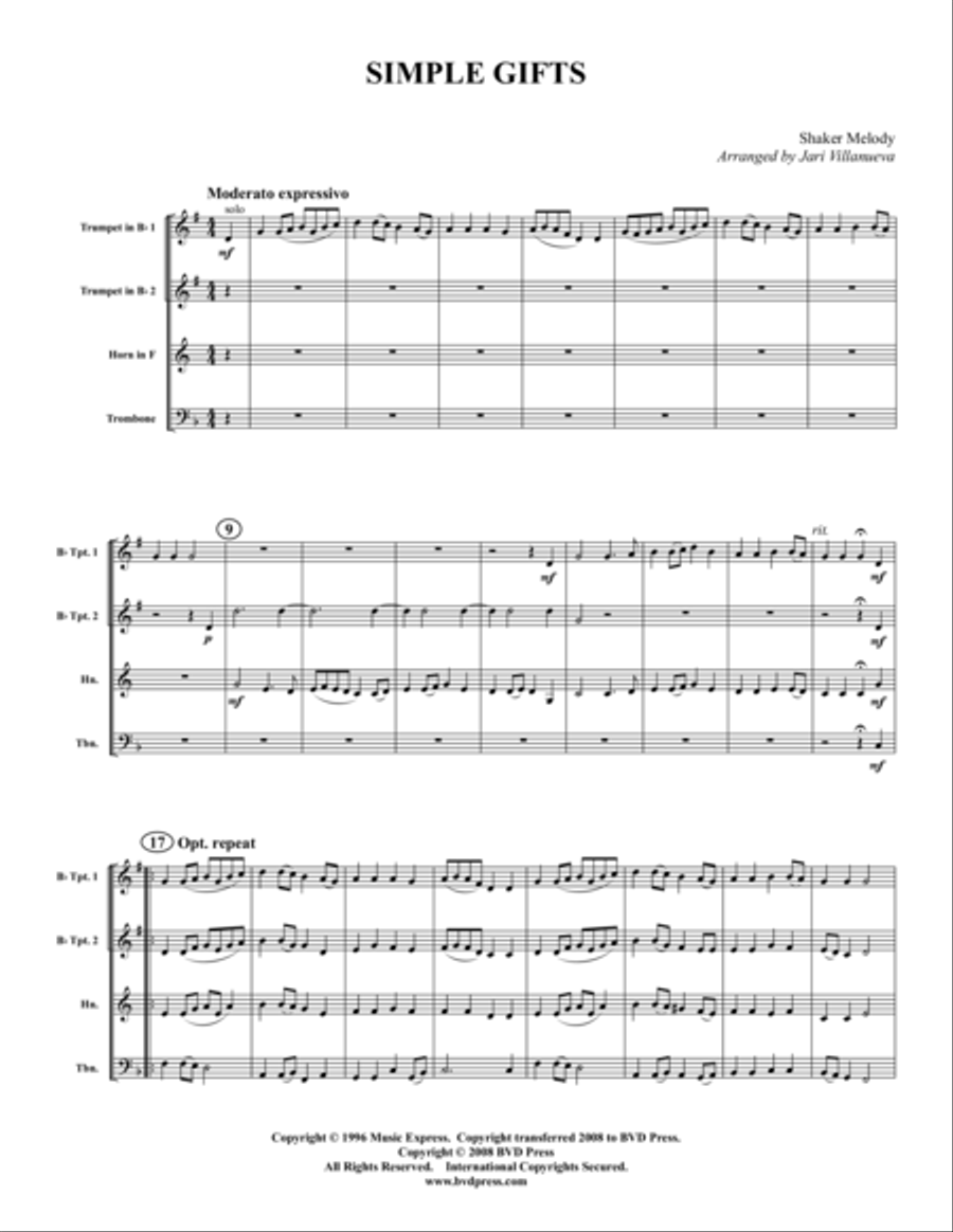 Simple Gifts Brass Quartet scores gallery preview page 1