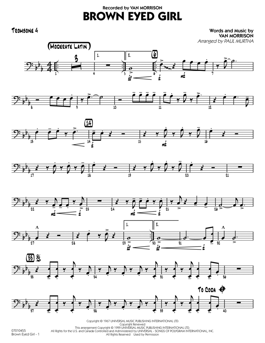 Brown Eyed Girl - Trombone 4 Trombone scores gallery preview page 1