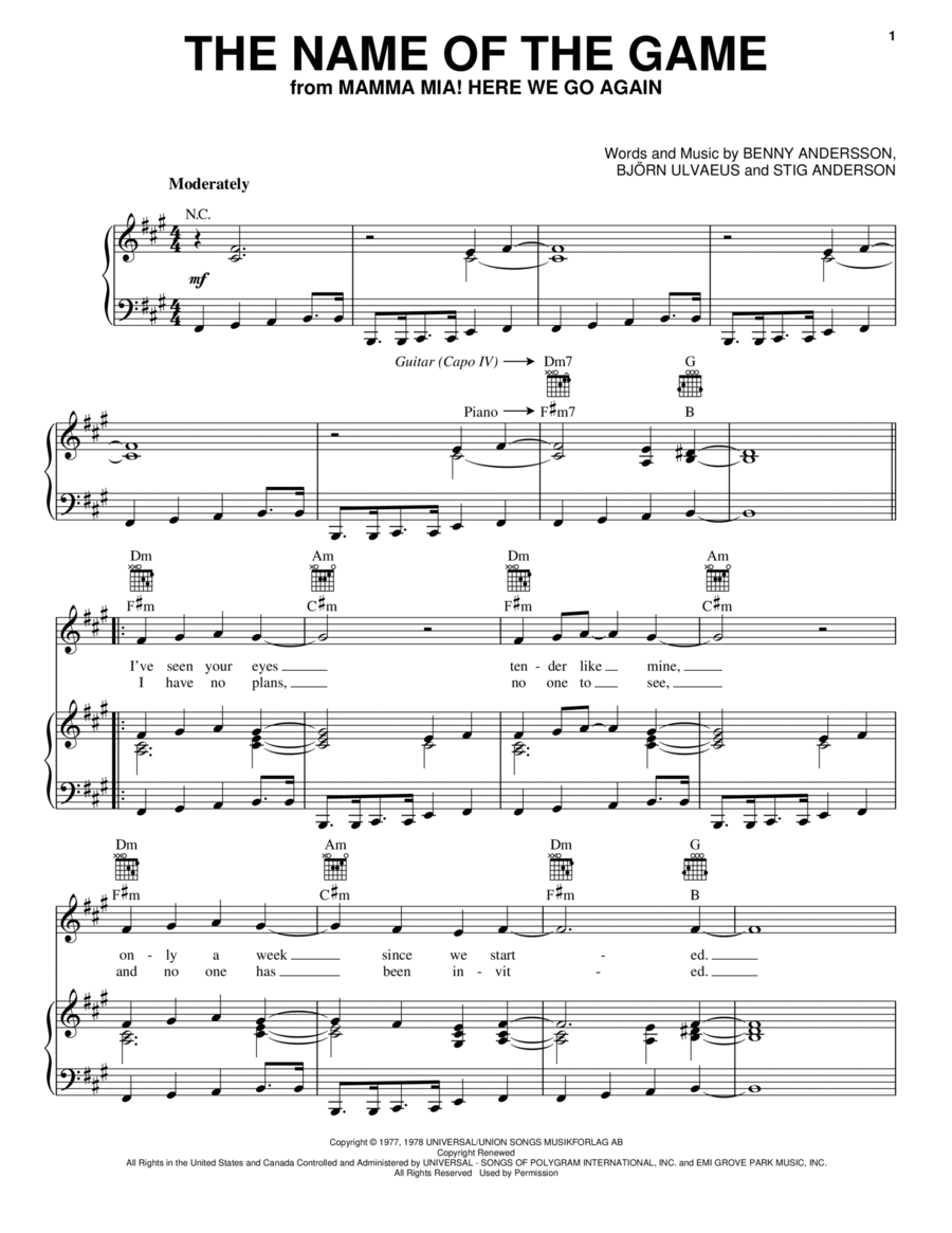The Name Of The Game (from Mamma Mia! Here We Go Again) Piano, Vocal, Guitar scores gallery preview page 1