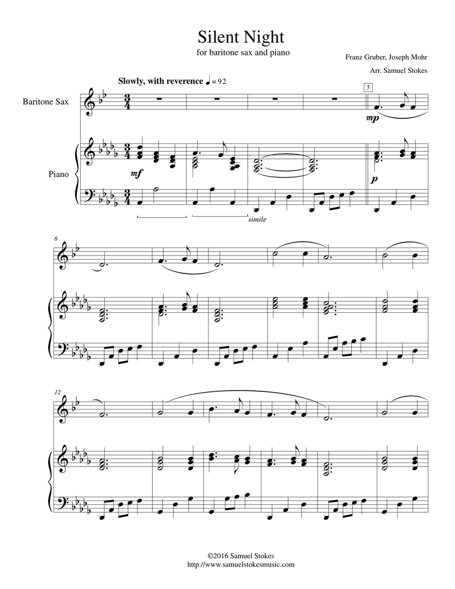 Silent Night - for baritone sax and piano Baritone Saxophone scores gallery preview page 1