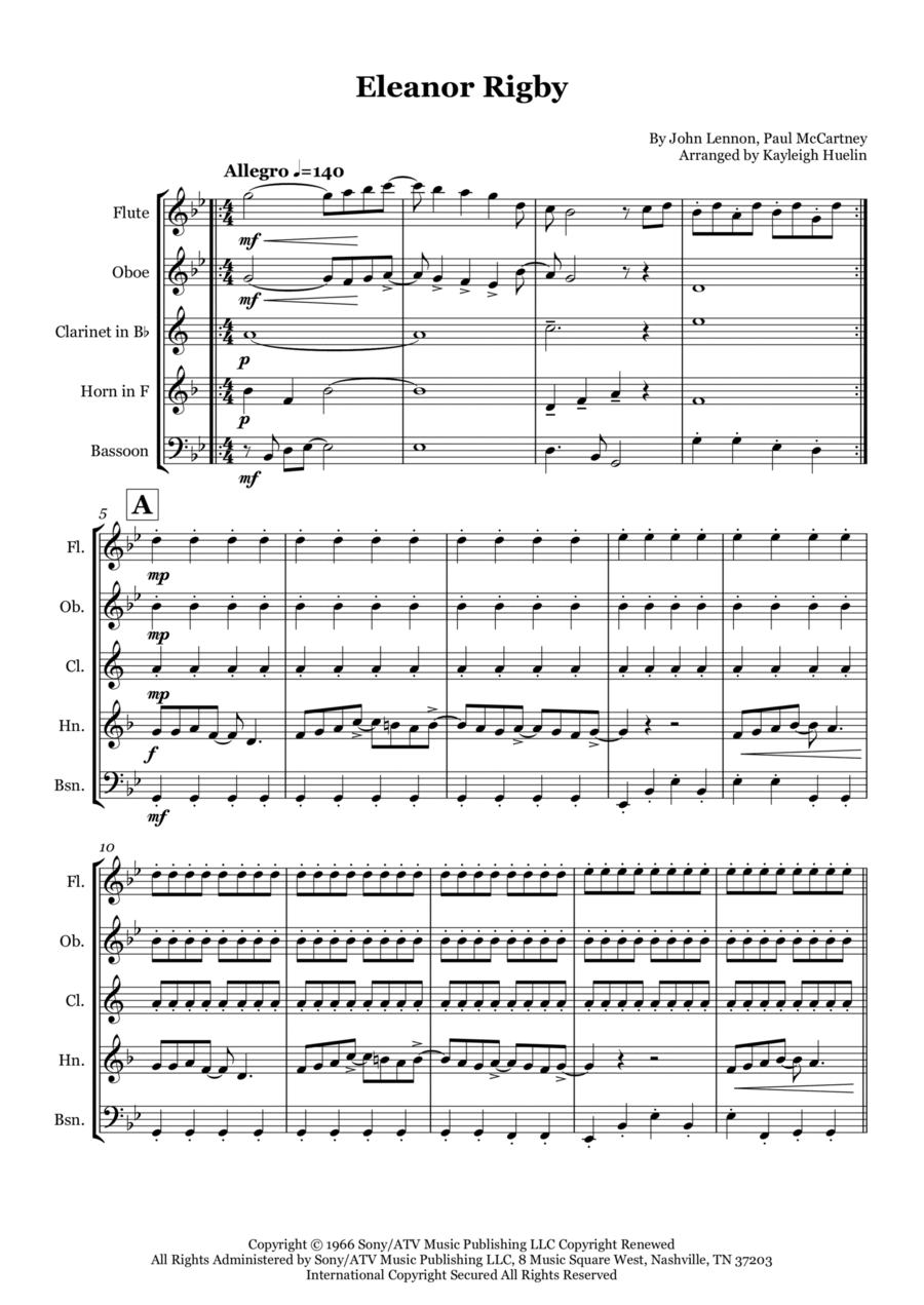 Eleanor Rigby Woodwind Quintet scores gallery preview page 1