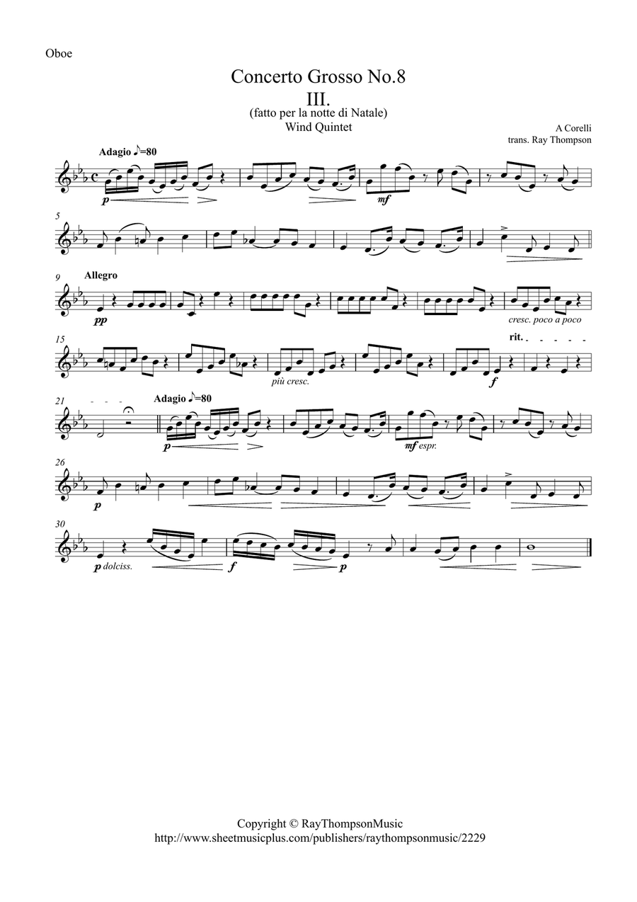 Corelli: Concerto Grosso Op.6 No.8 (Christmas Concerto) III (Adagio/Allegro/Adagio) - wind quintet Woodwind Quintet scores gallery preview page 4