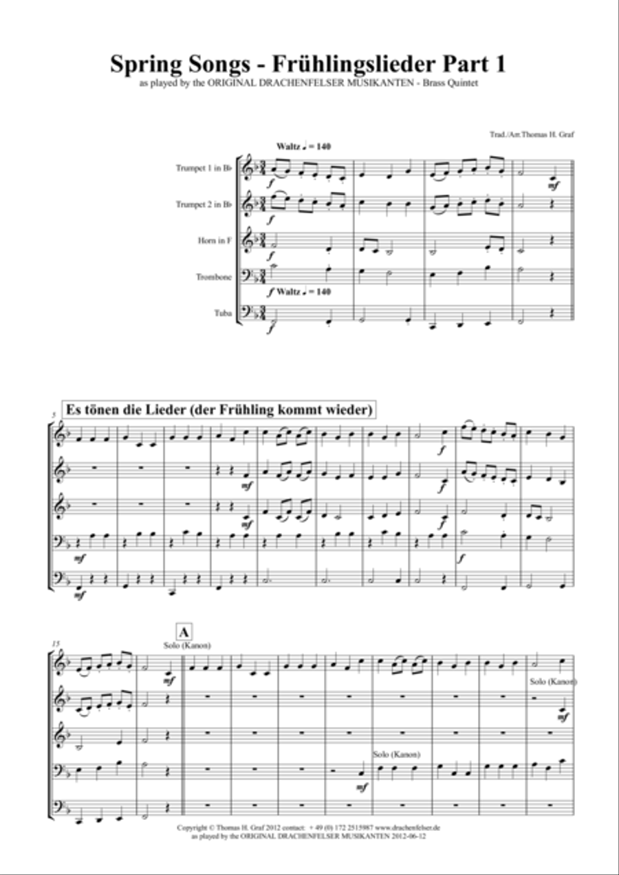 Spring Songs - Frühlingslieder - Part 1 - German Folk Songs - Brass Quintet Brass Quintet scores gallery preview page 1