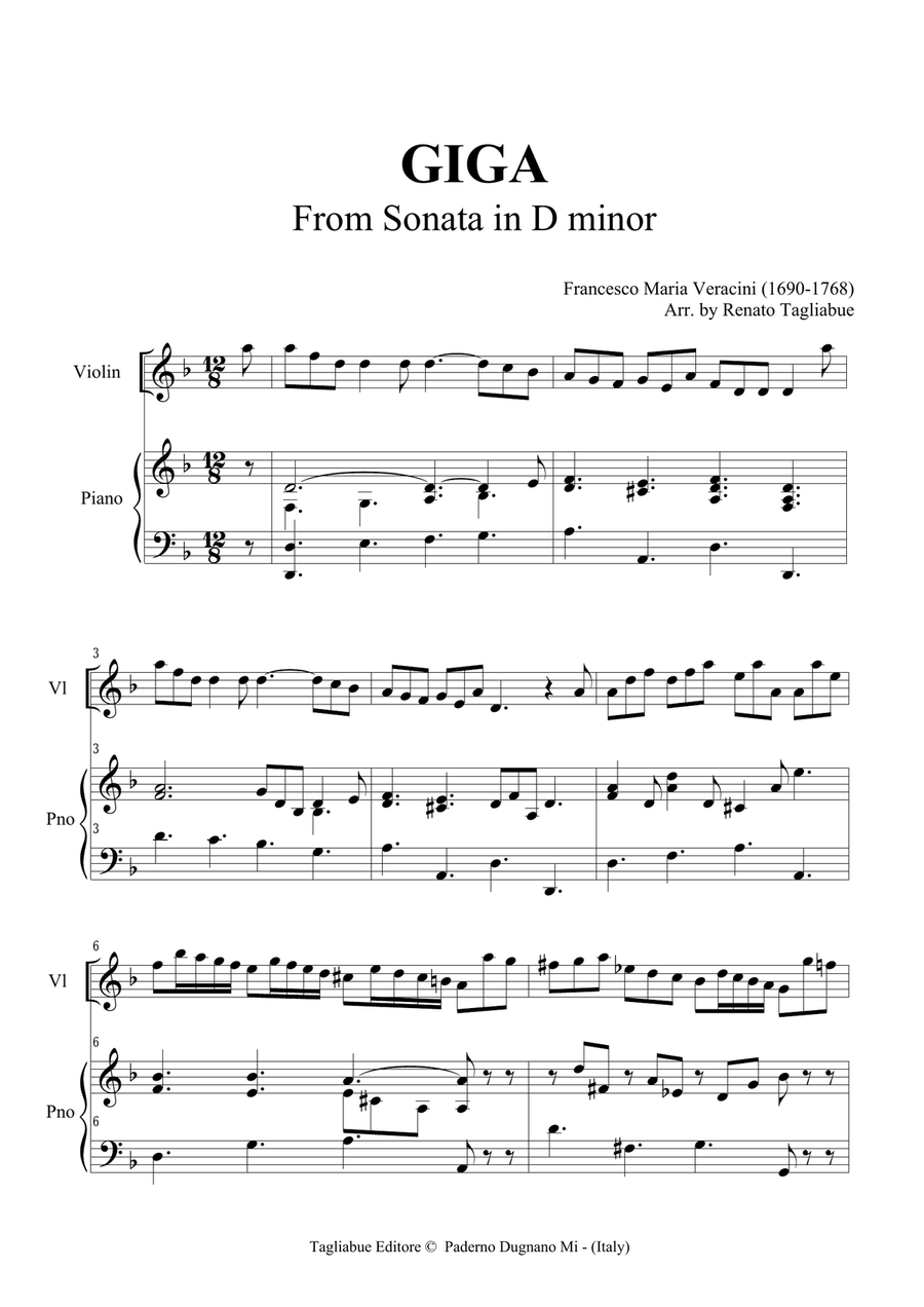 VERACINI - GIGA from Sonata in D minor - For Violin and Piano Violin Solo scores gallery preview page 2