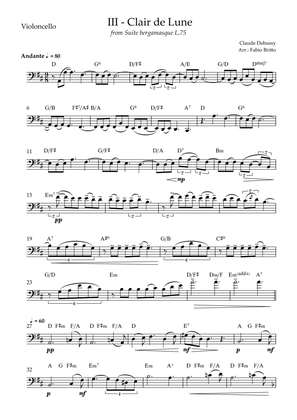Clair de Lune (C. Debussy) for Cello Solo with Chords (C Major)