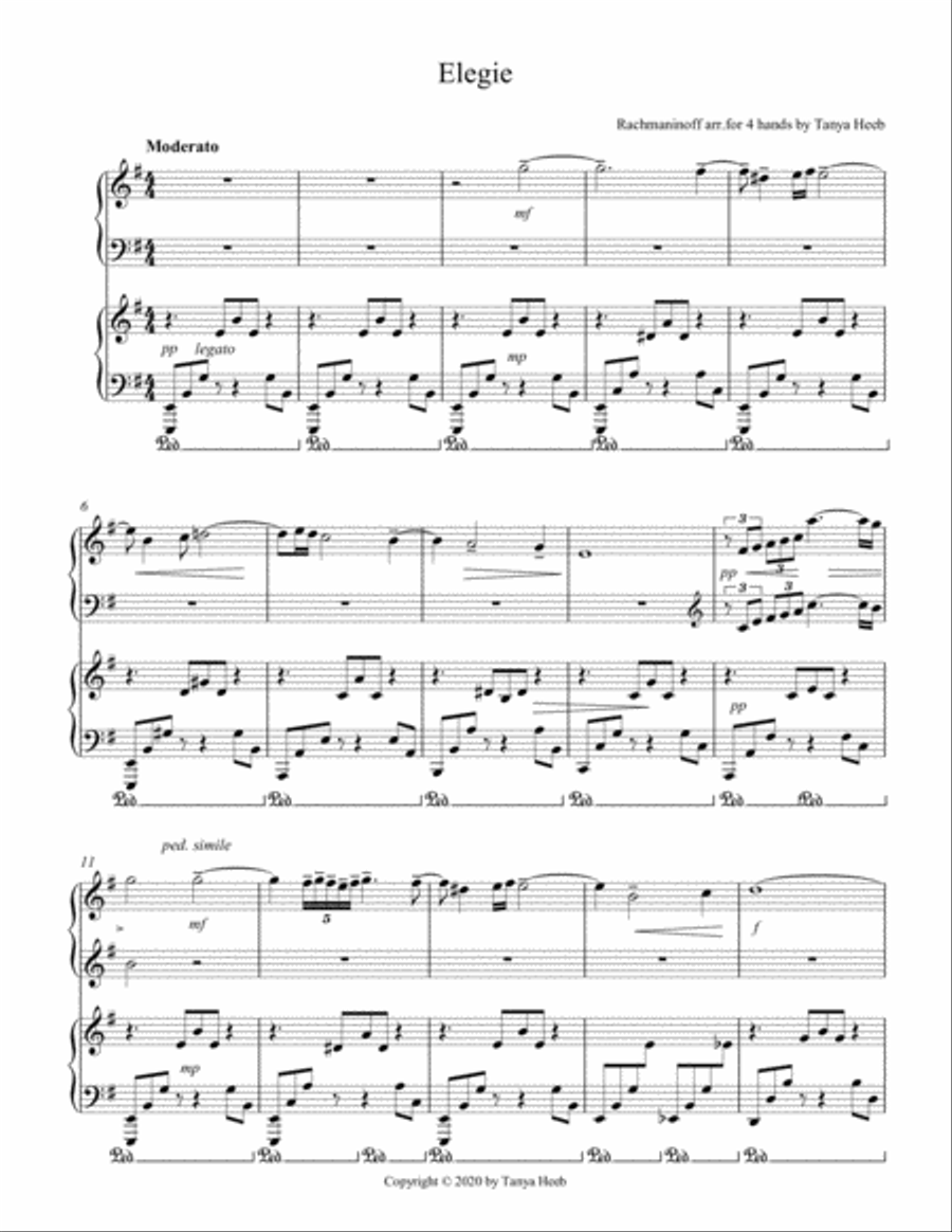 Elegie by Rachmaninoff, arranged for 4 hands and transposed by T.Heeb Piano scores gallery preview page 1
