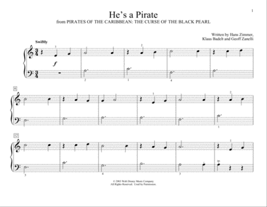 He's A Pirate (from Pirates Of The Caribbean: The Curse of the Black Pearl, arr. Christopher Hussey) Piano scores gallery preview page 1