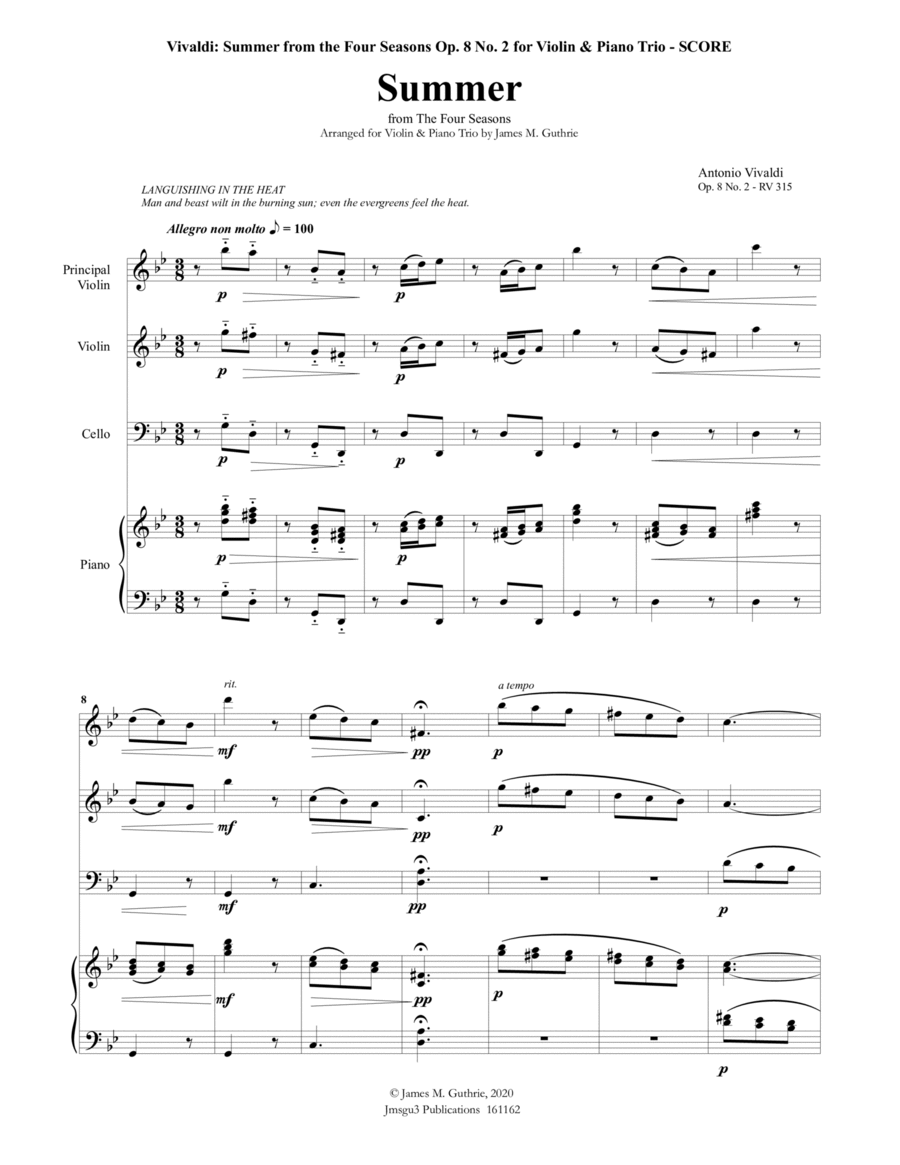 Vivaldi: Summer from the Four Seasons for Violin & Piano Trio Piano Trio scores gallery preview page 1