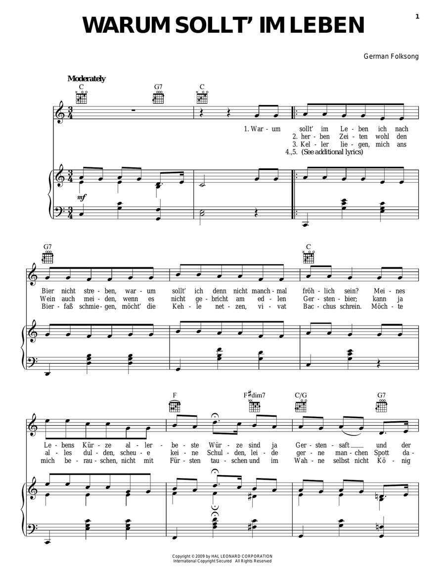 Warum Sollt' Im Leben Piano, Vocal, Guitar scores gallery preview page 1
