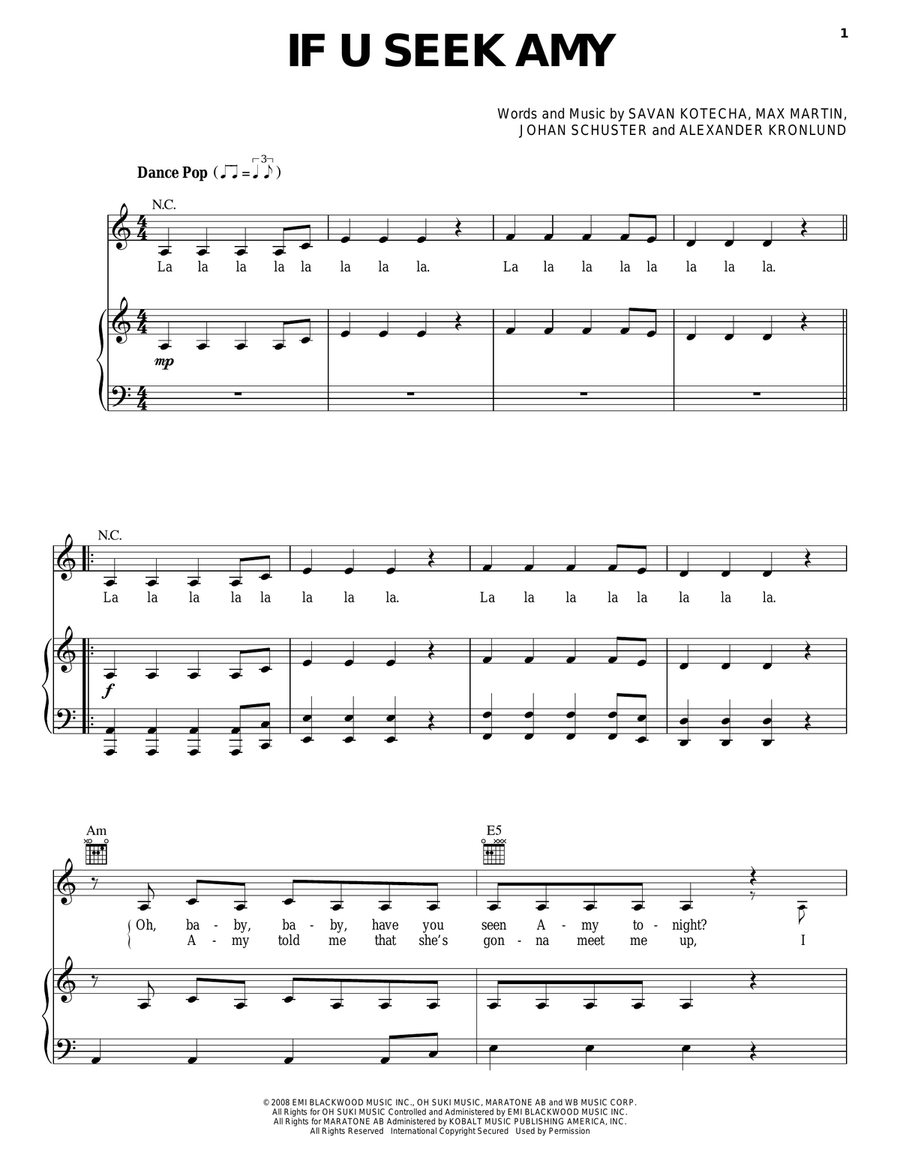 If U Seek Amy Piano, Vocal, Guitar scores gallery preview page 1