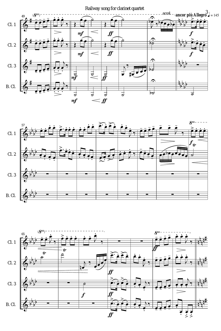 Railway Song (Auf de schwäb'sche Eisebahne) for clarinet quartet Clarinet Quartet scores gallery preview page 3
