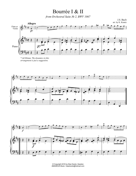 Bourree Suite 2 BWV 1067 for flute or violin and piano image number null
