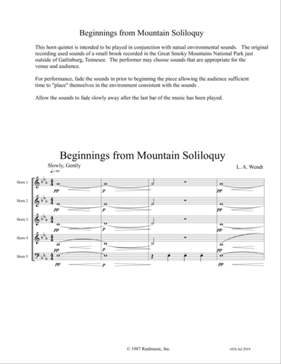 Beginnings from Mountain Soliloquy - Horn Quintet Brass Quintet scores gallery preview page 1