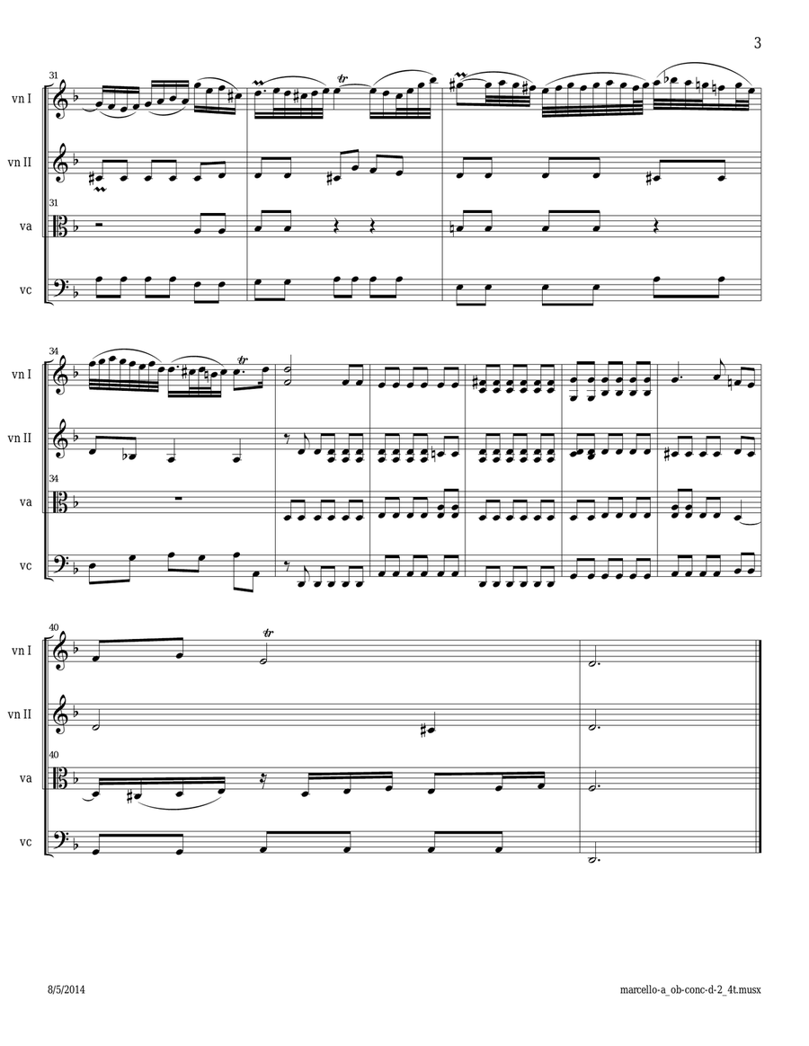 Marcello A: Oboe Concerto in d movement 2 (Adagio) arranged for String Quartet String Quartet scores gallery preview page 3