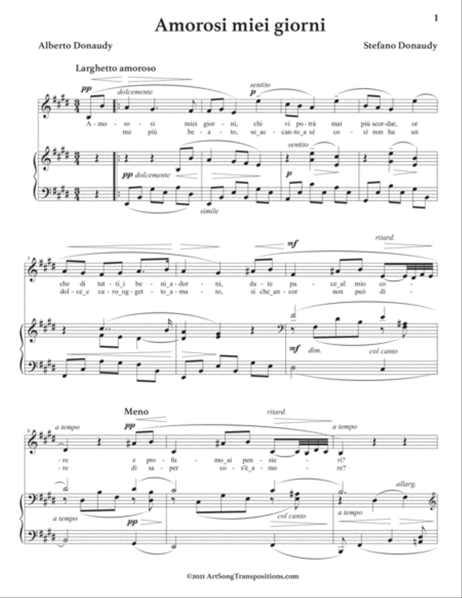 DONAUDY: Amorosi miei giorni (transposed to E major) Voice scores gallery preview page 2