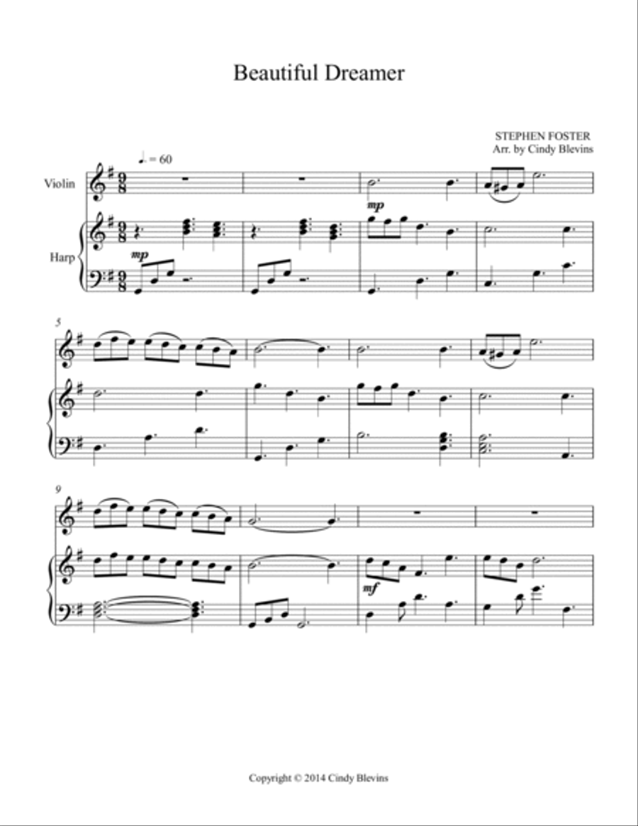 Beautiful Dreamer, for Harp and Violin String Duet scores gallery preview page 2