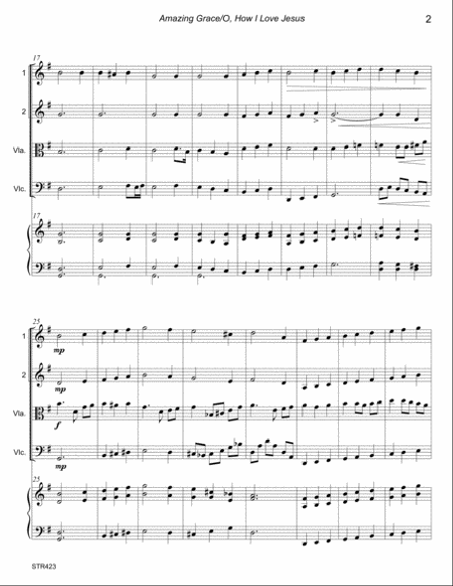 O HOW I LOVE JESUS/AMAZING GRACE - STRING QUARTET with optional Piano Piano Quintet scores gallery preview page 2