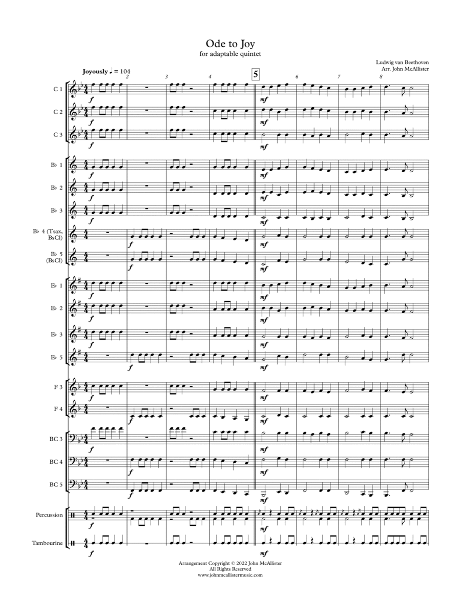 Ode to Joy - for adaptable quintet Concert Band scores gallery preview page 1