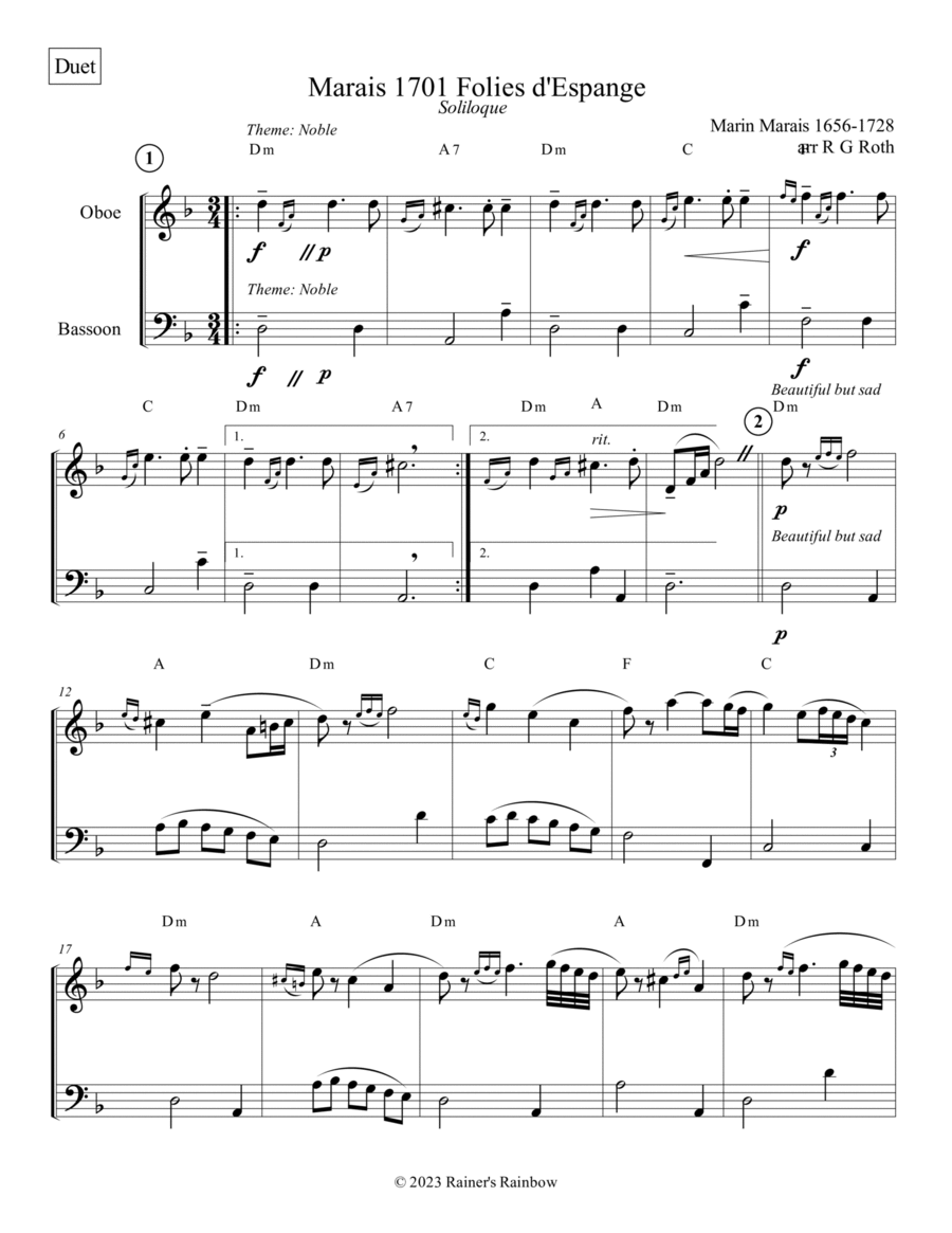Marais 1701 Folies d'Espagne Oboe and Bassoon Duet Score and Parts