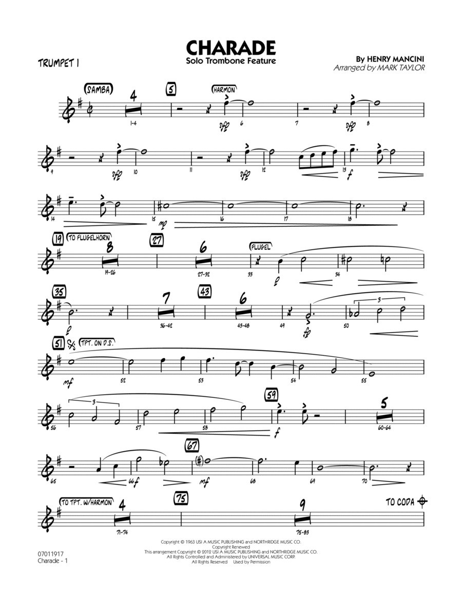 Charade (Solo Trombone Feature) - Trumpet 1 Jazz Ensemble scores gallery preview page 1
