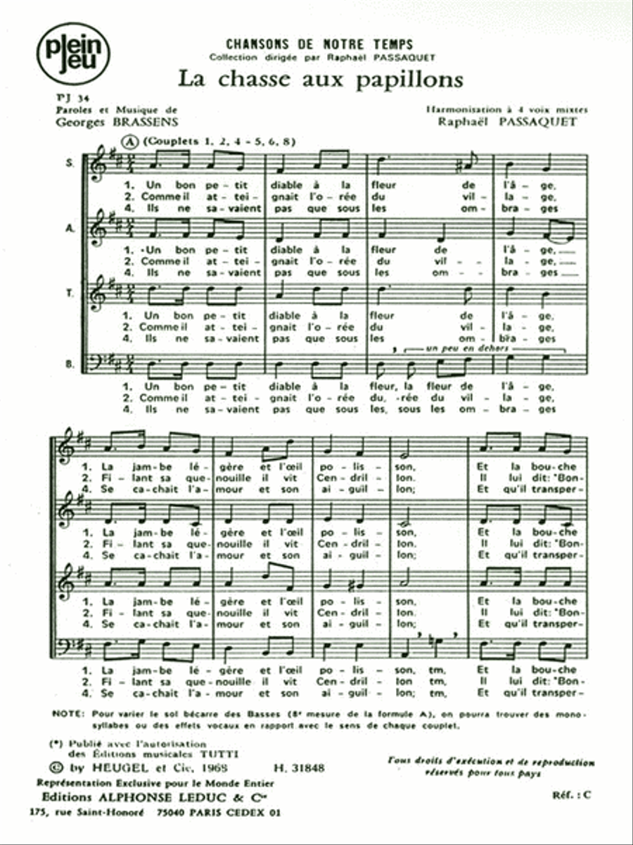Brassens Chansons De Notre Temps Pj34 La Chasse Aux Papillons 4 Part 4-Part scores gallery preview page 1