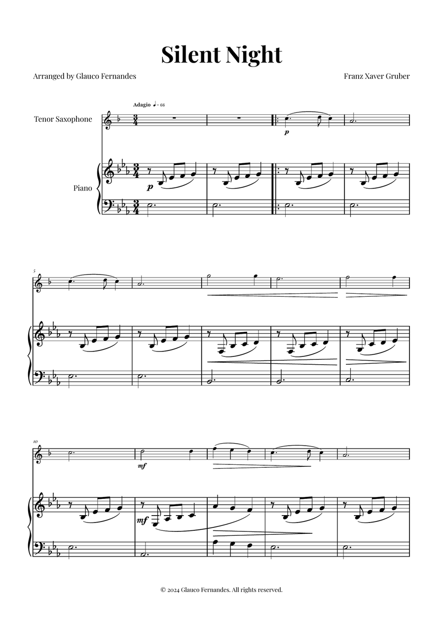 Silent Night | BEAUTIFUL Arrangement Tenor Saxophone scores gallery preview page 1