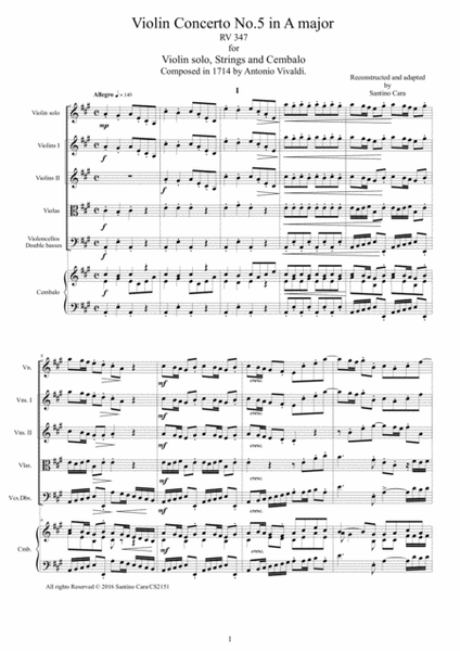 Vivaldi - Violin Concerto No.5 in A major Op.4 RV 347 for Violin solo, Strings and Cembalo image number null