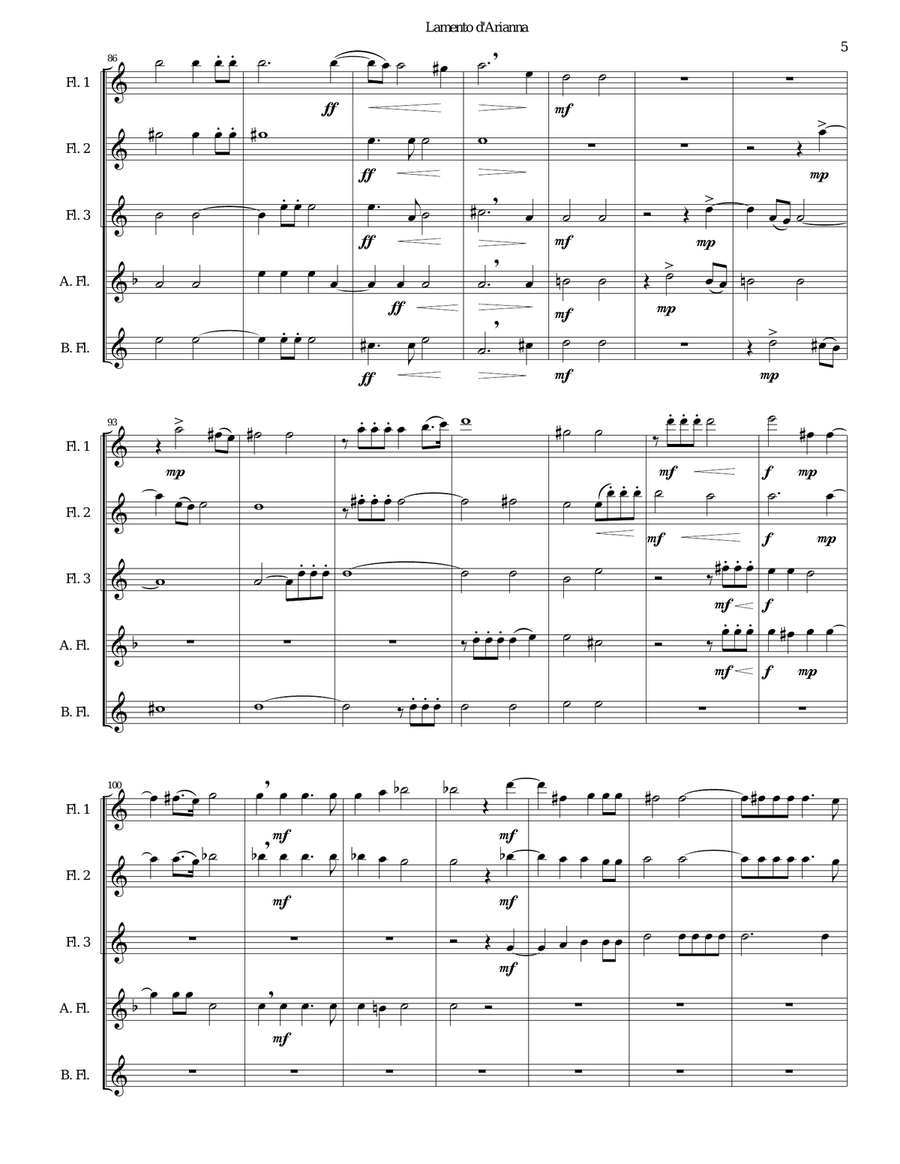 Lamento d'Arianna for flute quintet Flute Solo scores gallery preview page 5