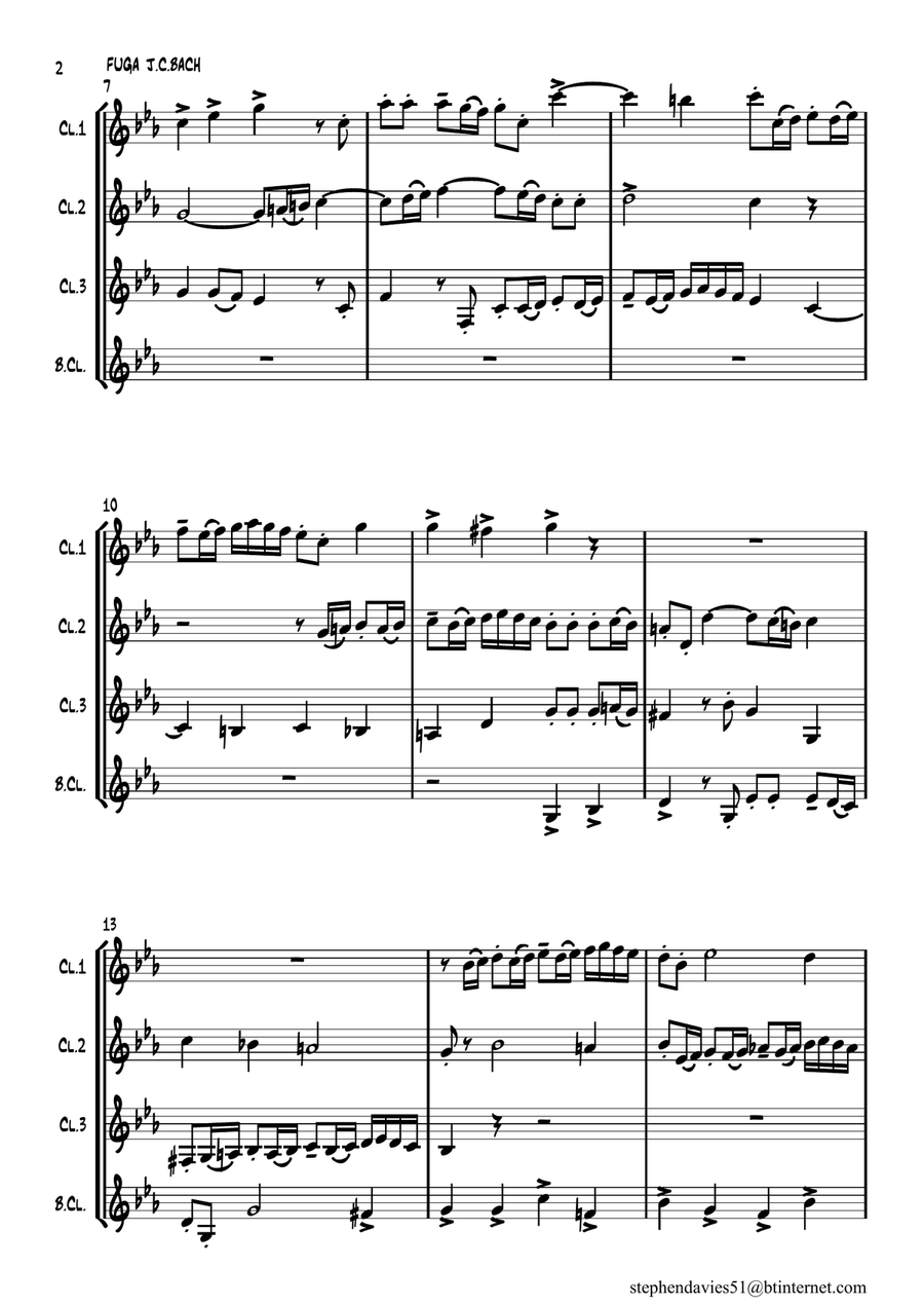 'Fuga' from '6 Sonatas For Piano' by Johann Christian Bach for Clarinet Quartet. image number null