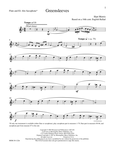 Greensleeves (Downloadable Flute & Saxophone Parts)
