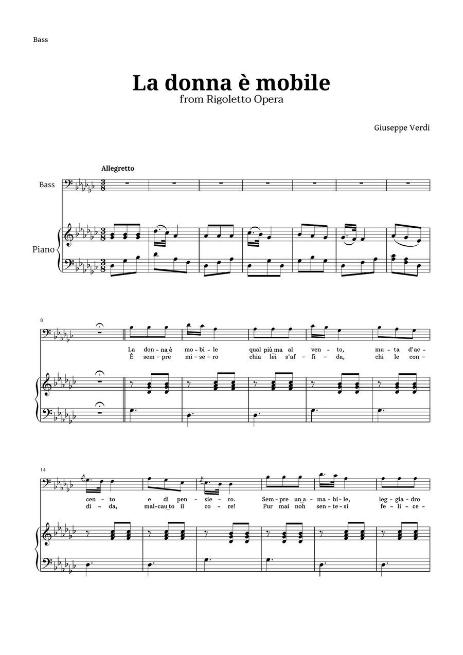 La donna è mobile in G-flat major for Bass and Piano Piano, Vocal scores gallery preview page 1