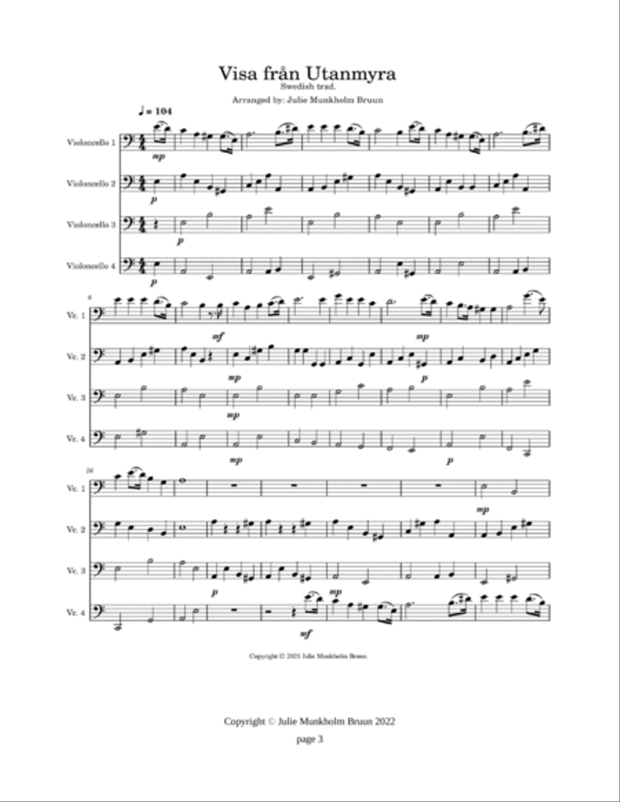 Visa från Utanmyra, Cello ensemble String Quartet scores gallery preview page 3