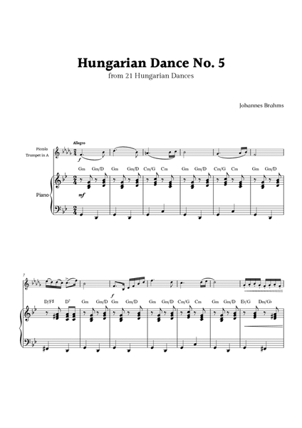 Hungarian Dance No. 5 by Brahms for Piccolo Trumpet in A and Piano image number null