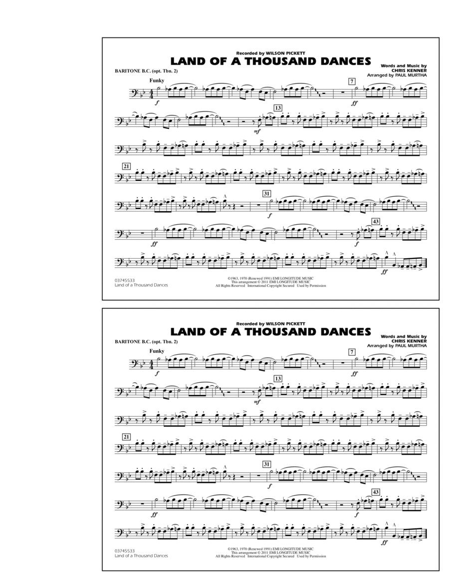 Land Of A Thousand Dances - Baritone B.C. (Opt. Tbn. 2) Marching Band scores gallery preview page 1